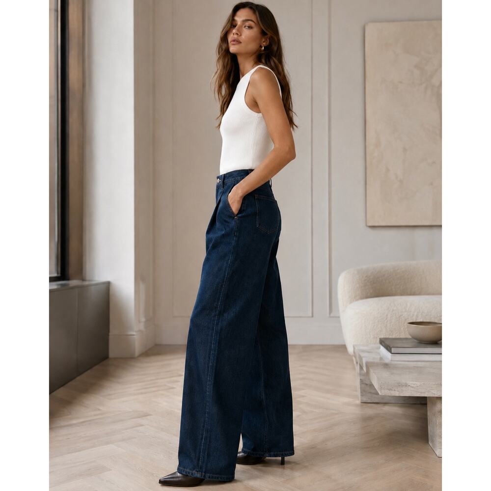 Good American Pleated Wide Leg Denim Trousers Dark Wash Luxury NWT Size 2 / 26 - Picture 2 of 16